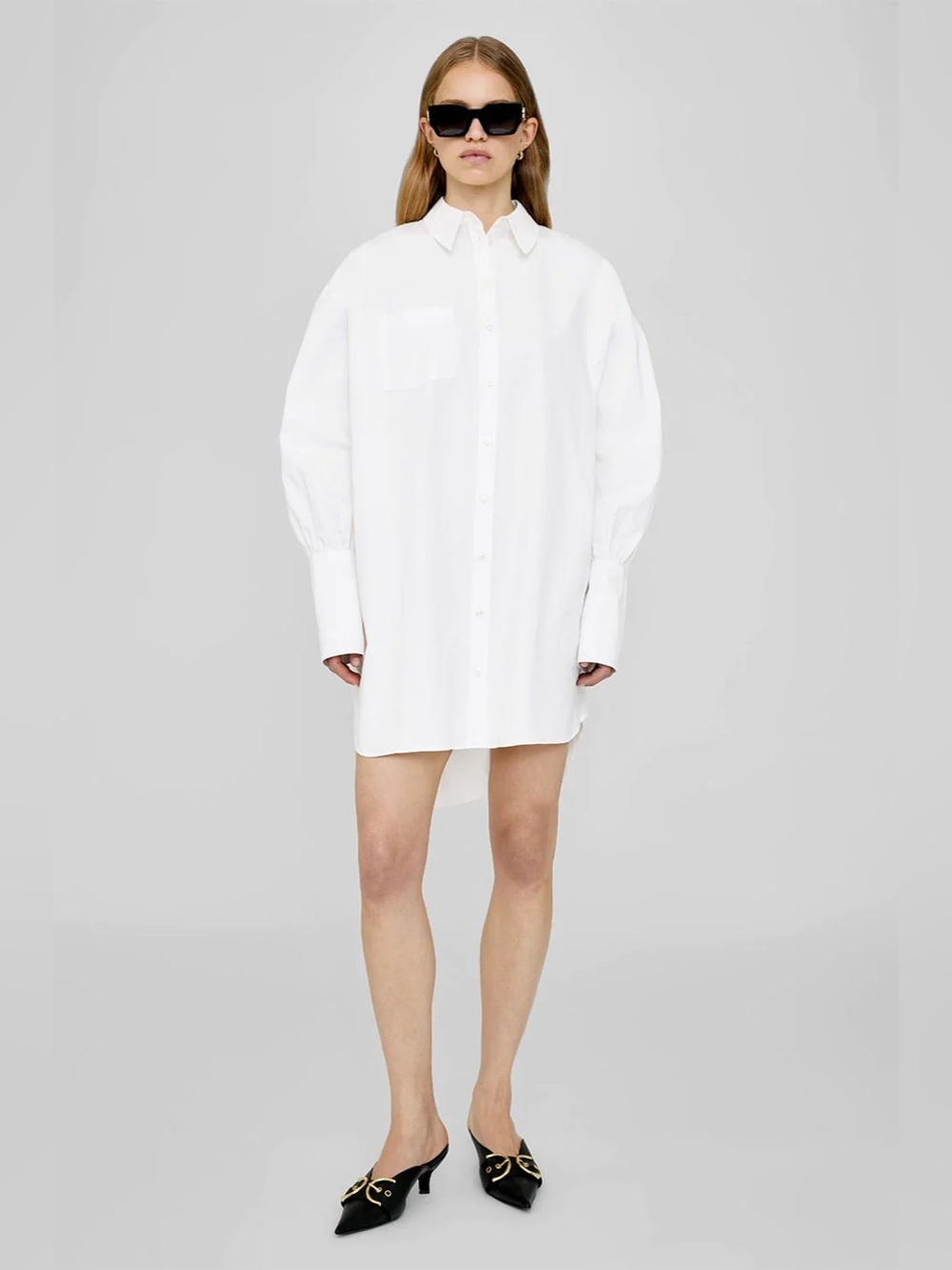 ANINE BING White Oversized Cotton Poplin Button Down Shirt Dress L